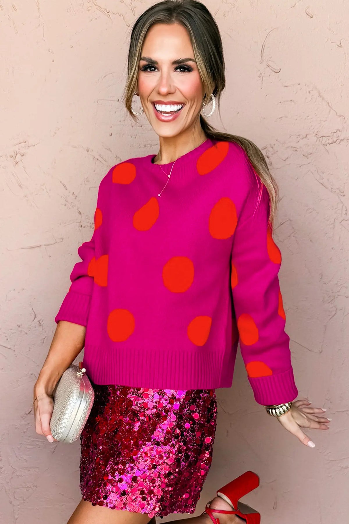 Playful Cozy Polka Dot Sweater – Strawberry Pink