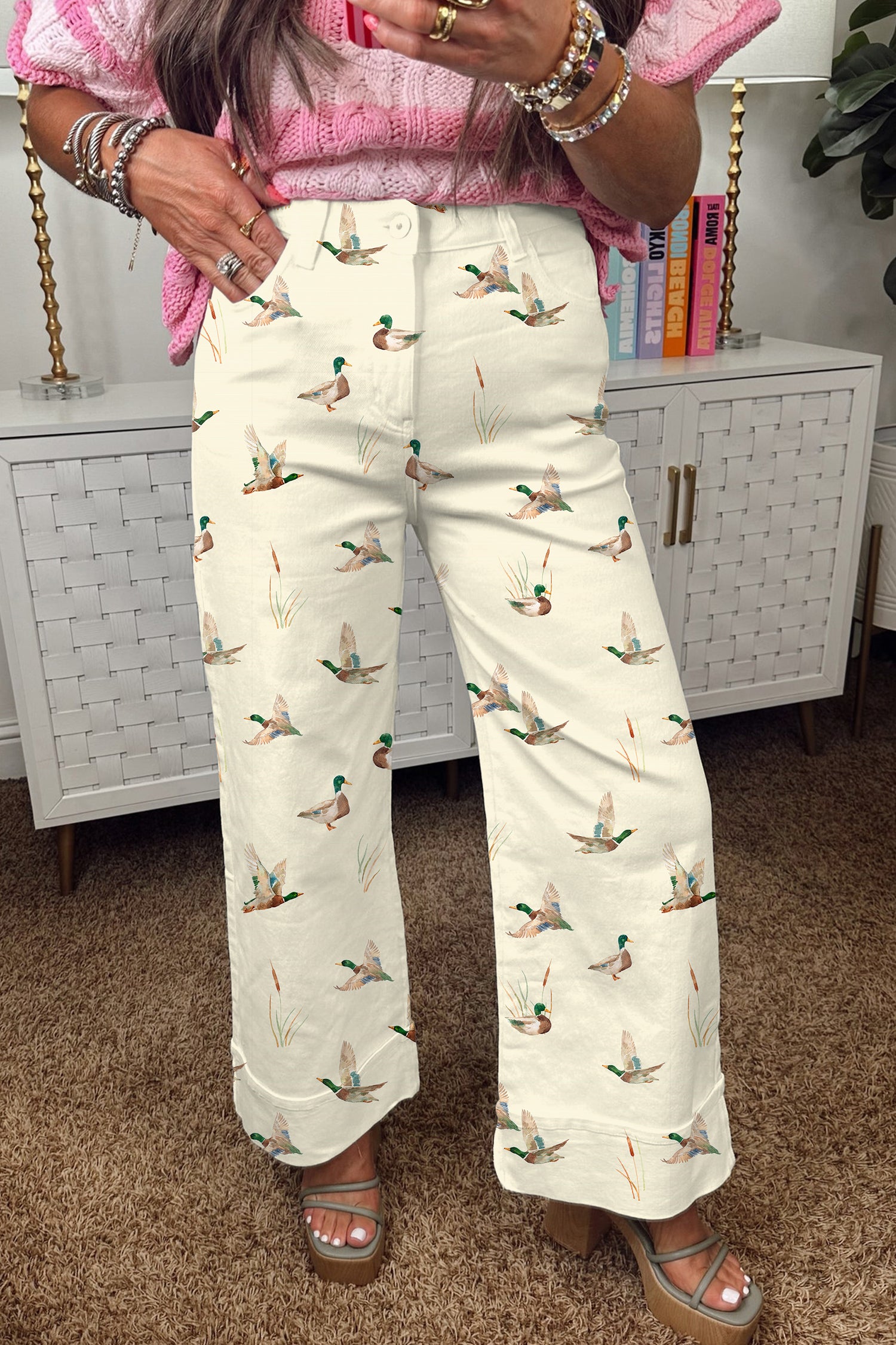 Beige Mallard Print Cuffed Hem Shift Jeans