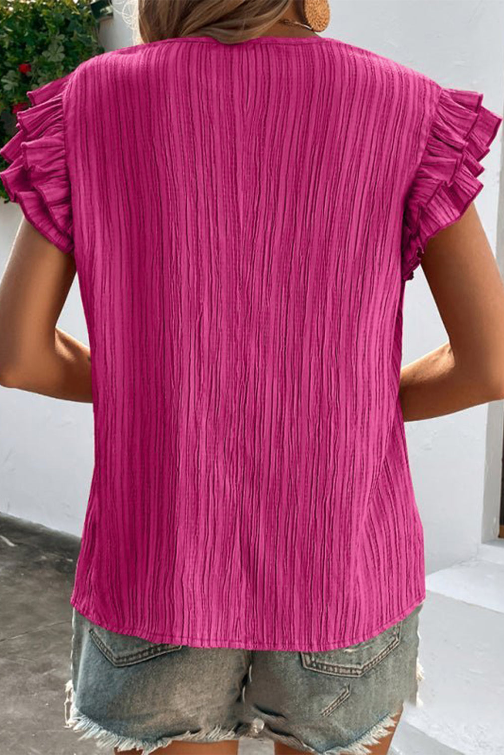 Black Textured Ruffled Sleeve V Neck Top BB Fashion Outlet
