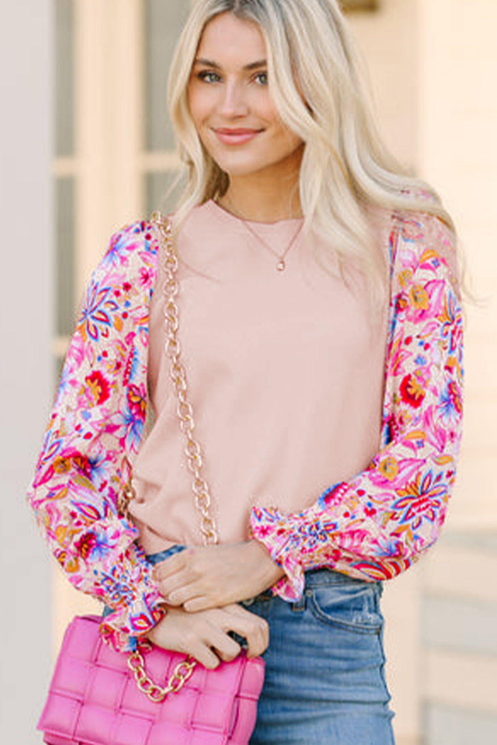Oatmeal Floral Printed Patchwork Smocked Lantern Sleeve Knit Top eAura