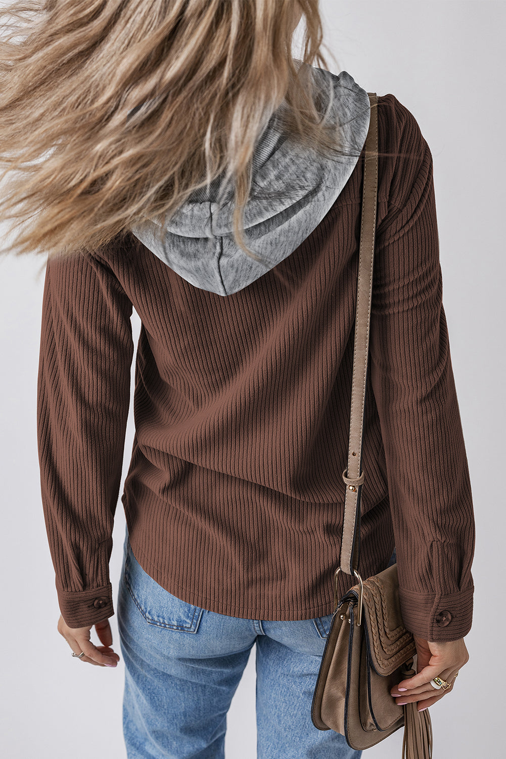 Coffee Hooded Drawstring Pockets Corduroy Shacket eAura