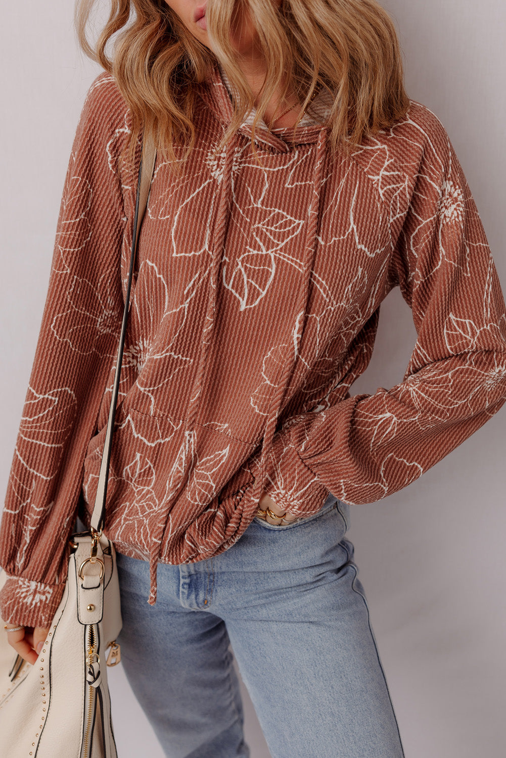 Brown Floral Rib Drawstring Kangaroo Pocket Hoodie - eAura