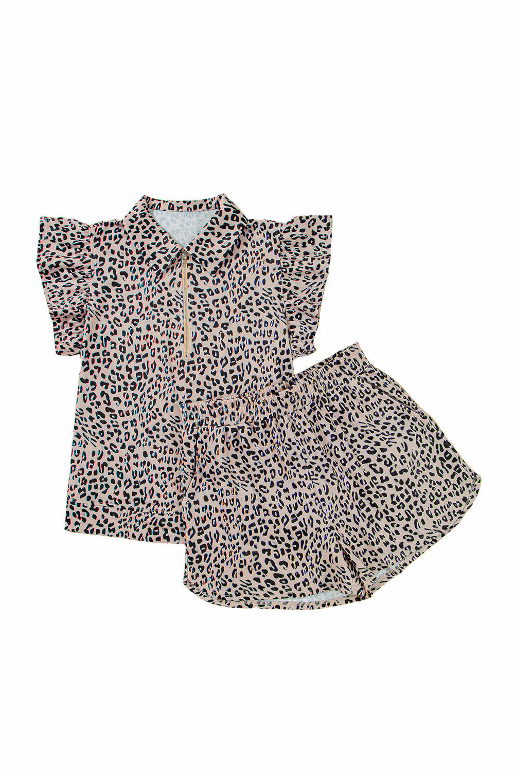 Brown Leopard Half Zipper Collared Ruffled Sleeve Top and Short Set eAura