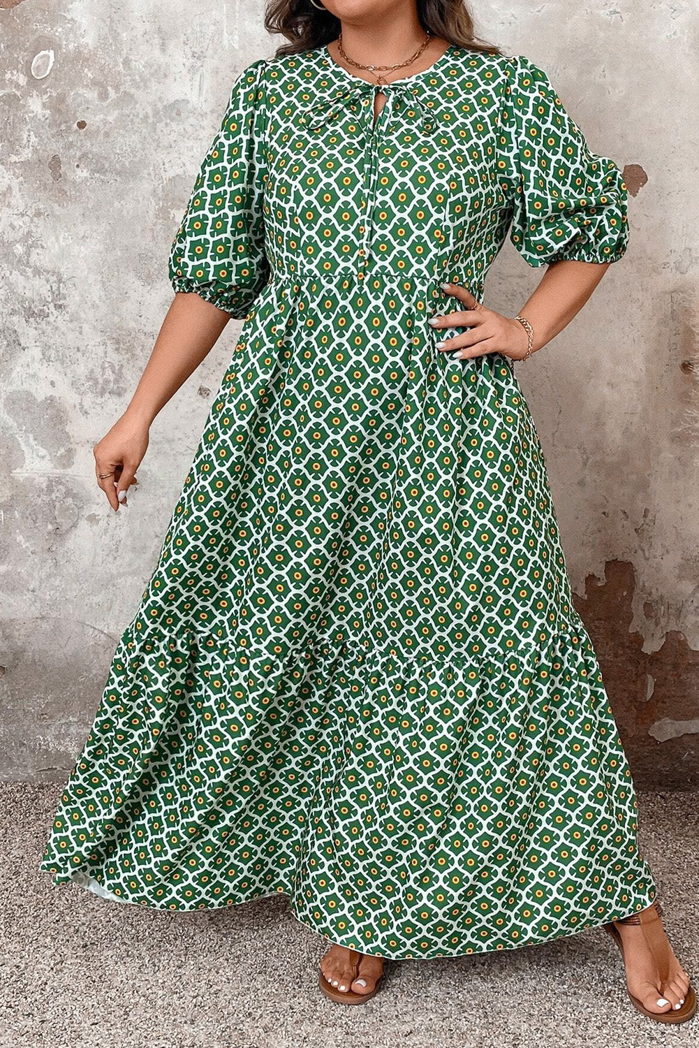 Green Geometric Floral Print Half Sleeve Plus Size Maxi Dress BB Fashion Outlet