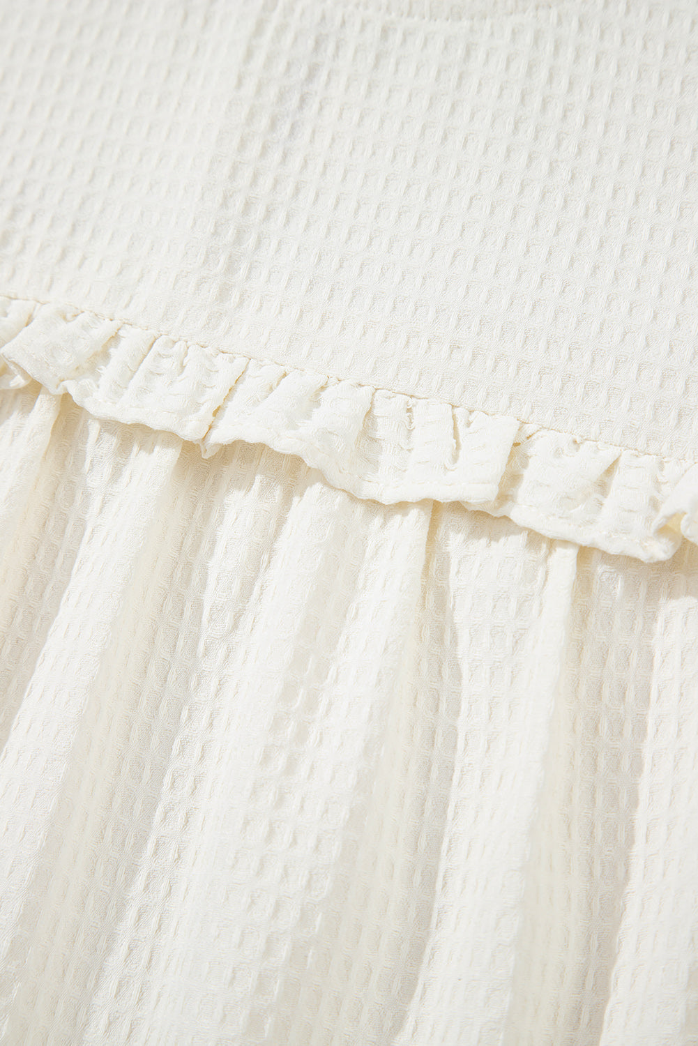 White Solid Colour Ruffle Trim Waffle Knit Blouse eAura