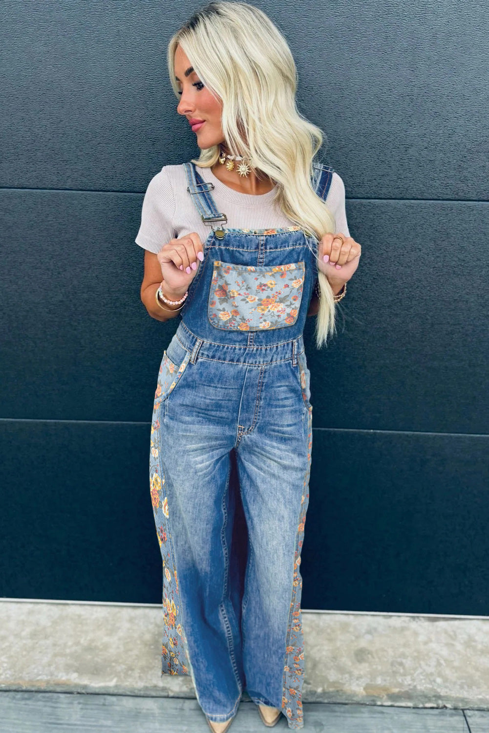 Floral Patchwork Bib Denim Wide Leg Overalls Dungarees
