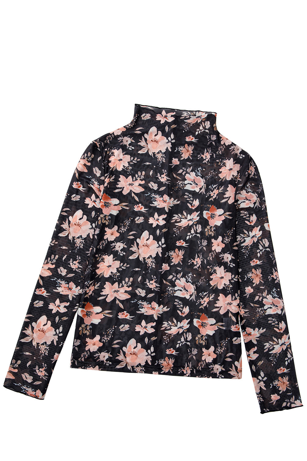 Black Floral Mesh Mock Neck Long Sleeve Slim Fit Top eAura