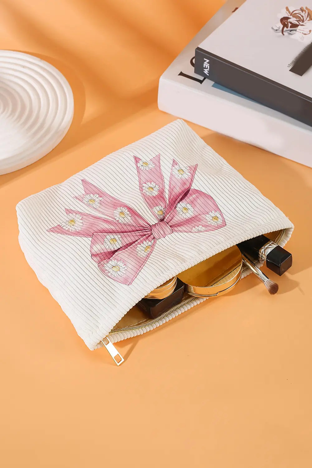 Pink Bow Knot Daisy Print Zipper Corduroy Multifunctional Bag