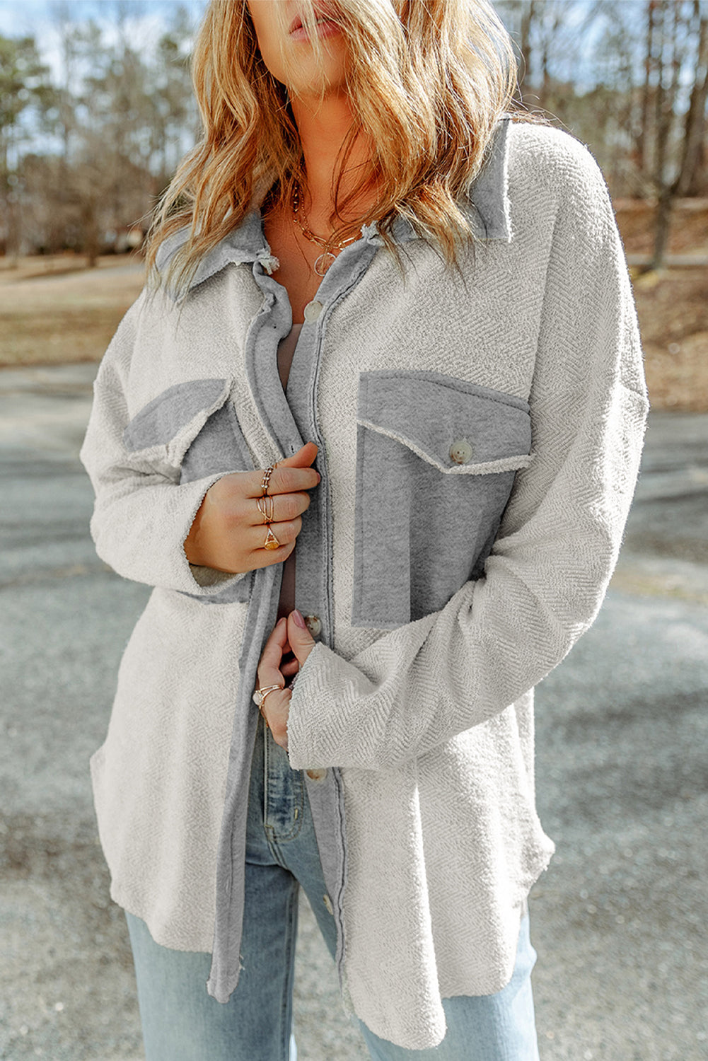 Grey Contrast Flap Pockets Relaxed Shacket Beagle Boutique Fashion Outlet