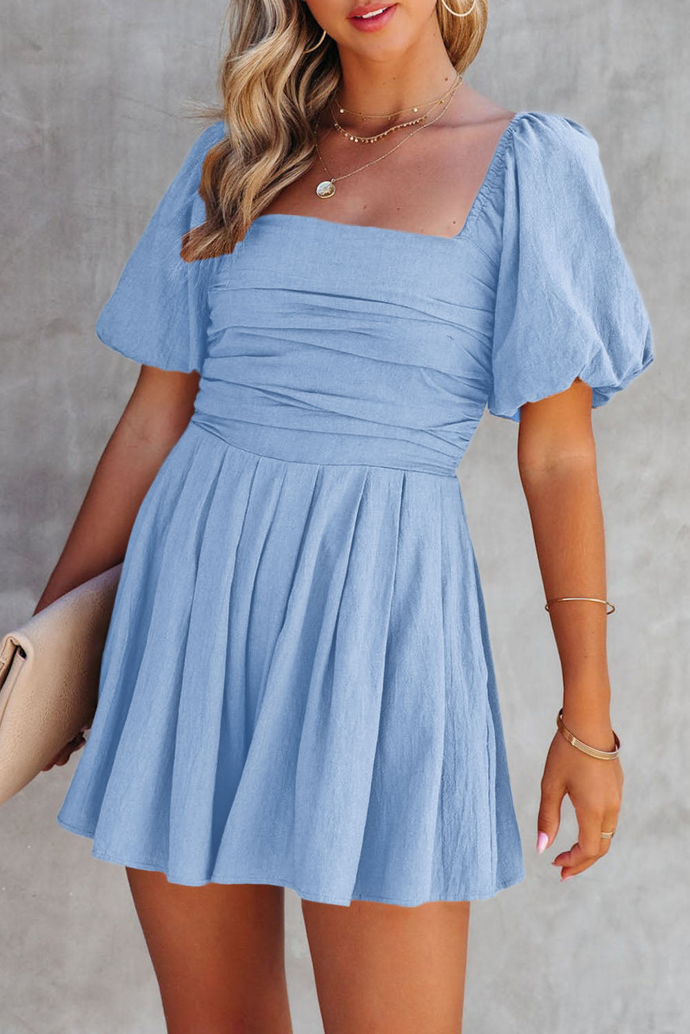 Square Neck Ruched Puff Sleeve Romper