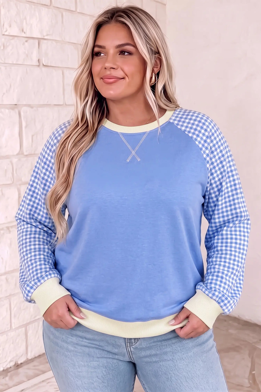Plus Size Sweatshirt Plaid Raglan Sleeve with Ribbed Colourblock Trim