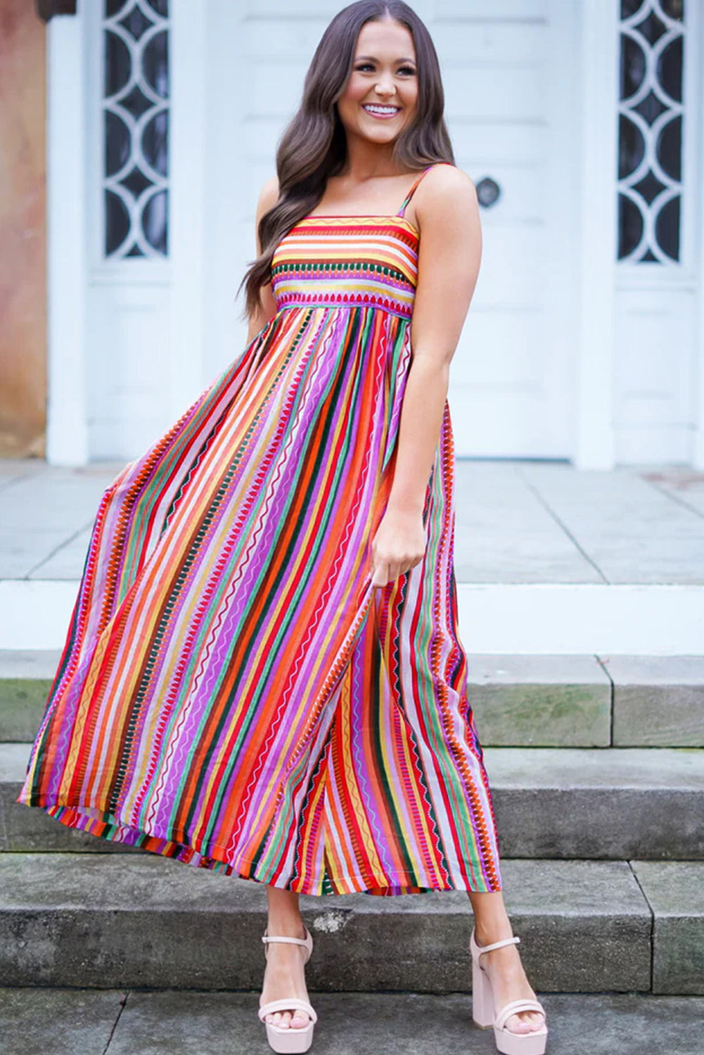 Multicolour Striped Thin Straps Smocked Back Boho Maxi Dress eAura