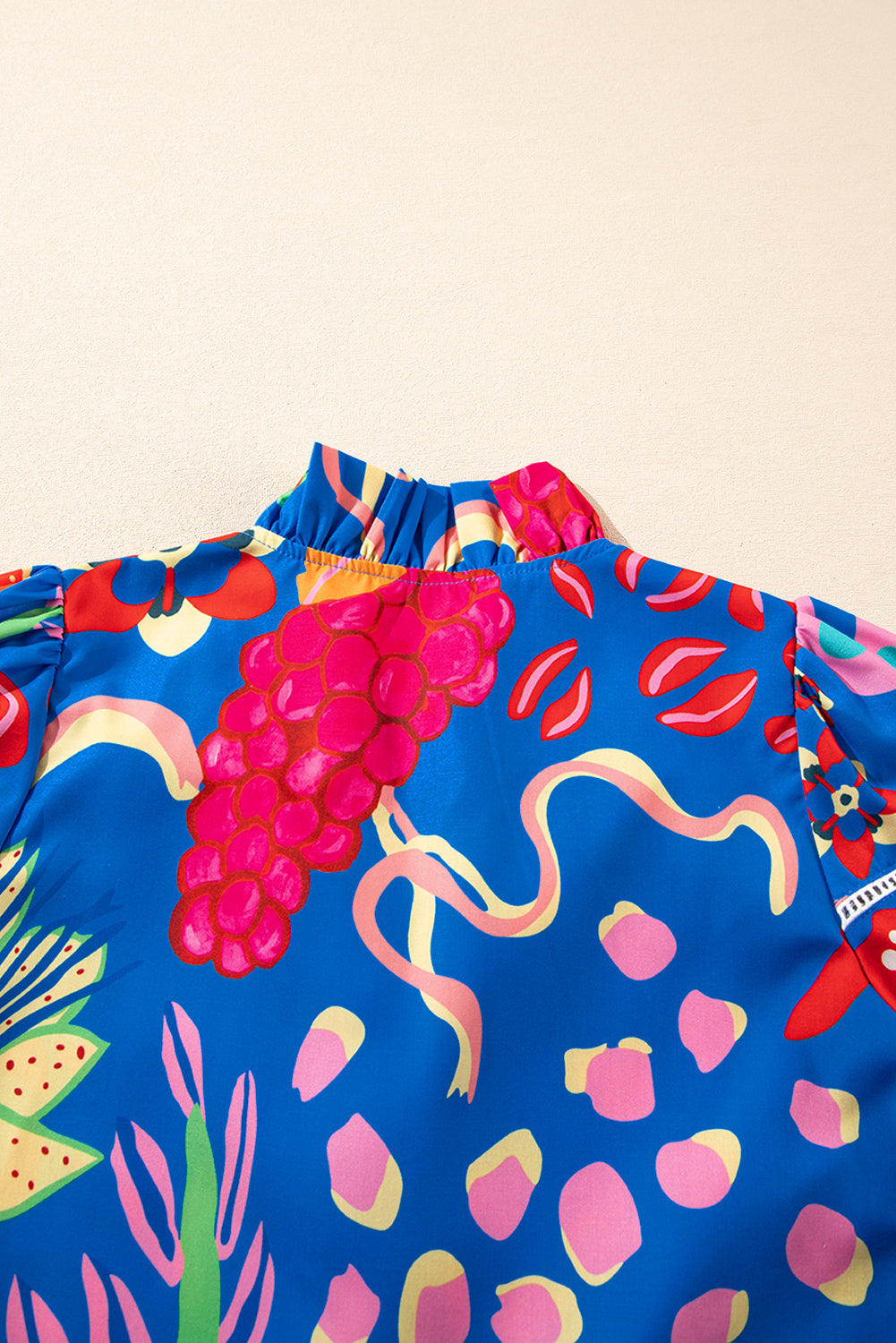 Blue Abstract Print Frilled Collar Ruffled Puff Short Sleeve Top eAura