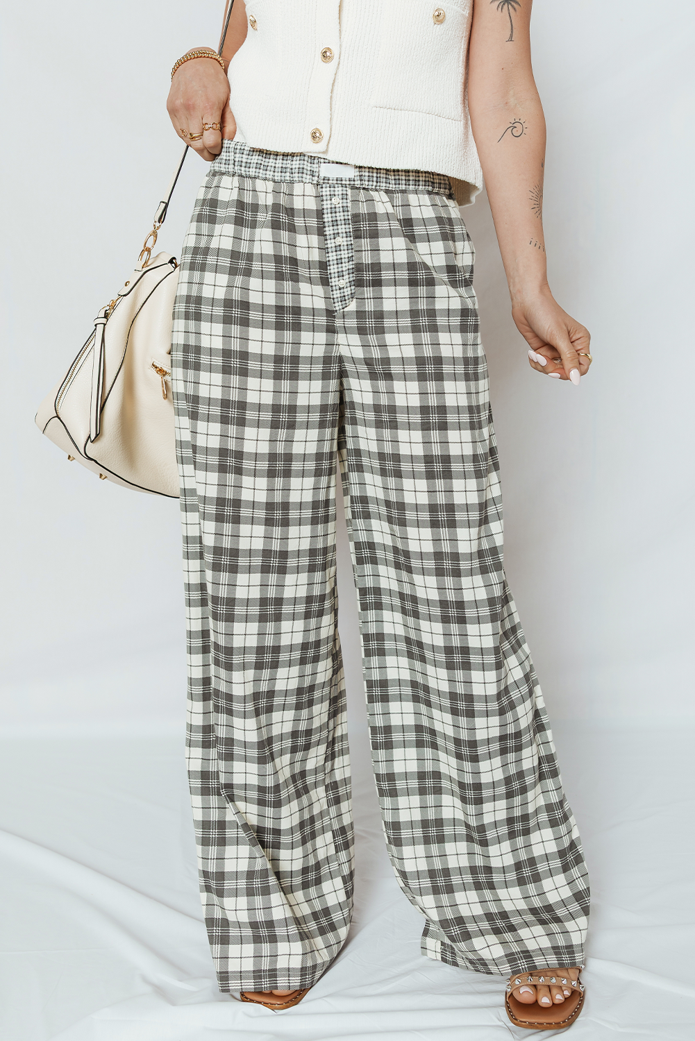 Plaid Wide Leg Casual Pants - eAura