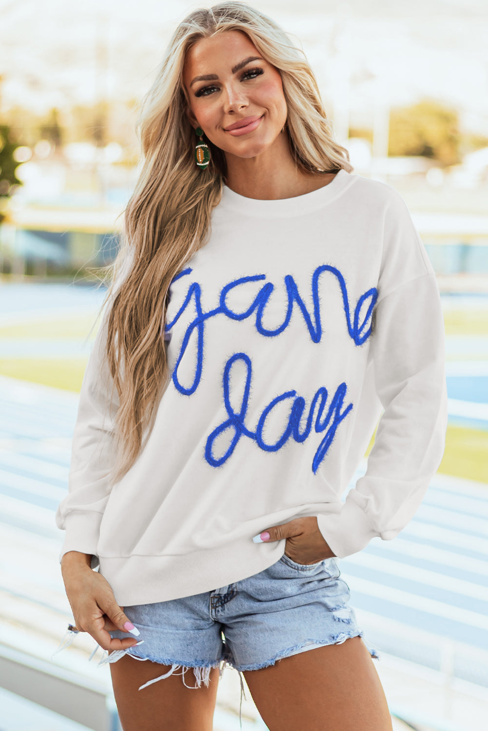 White Tinsel Game Day Drop Shoulder Graphic Sweatshirt eAura