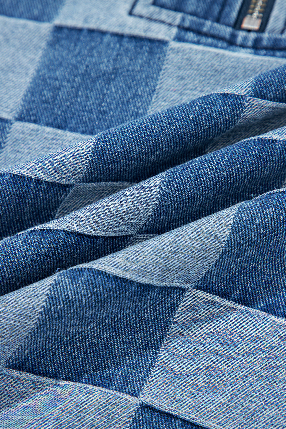 Checkerboard Zip Neck Kangaroo Pocket Denim Hoodie - eAura