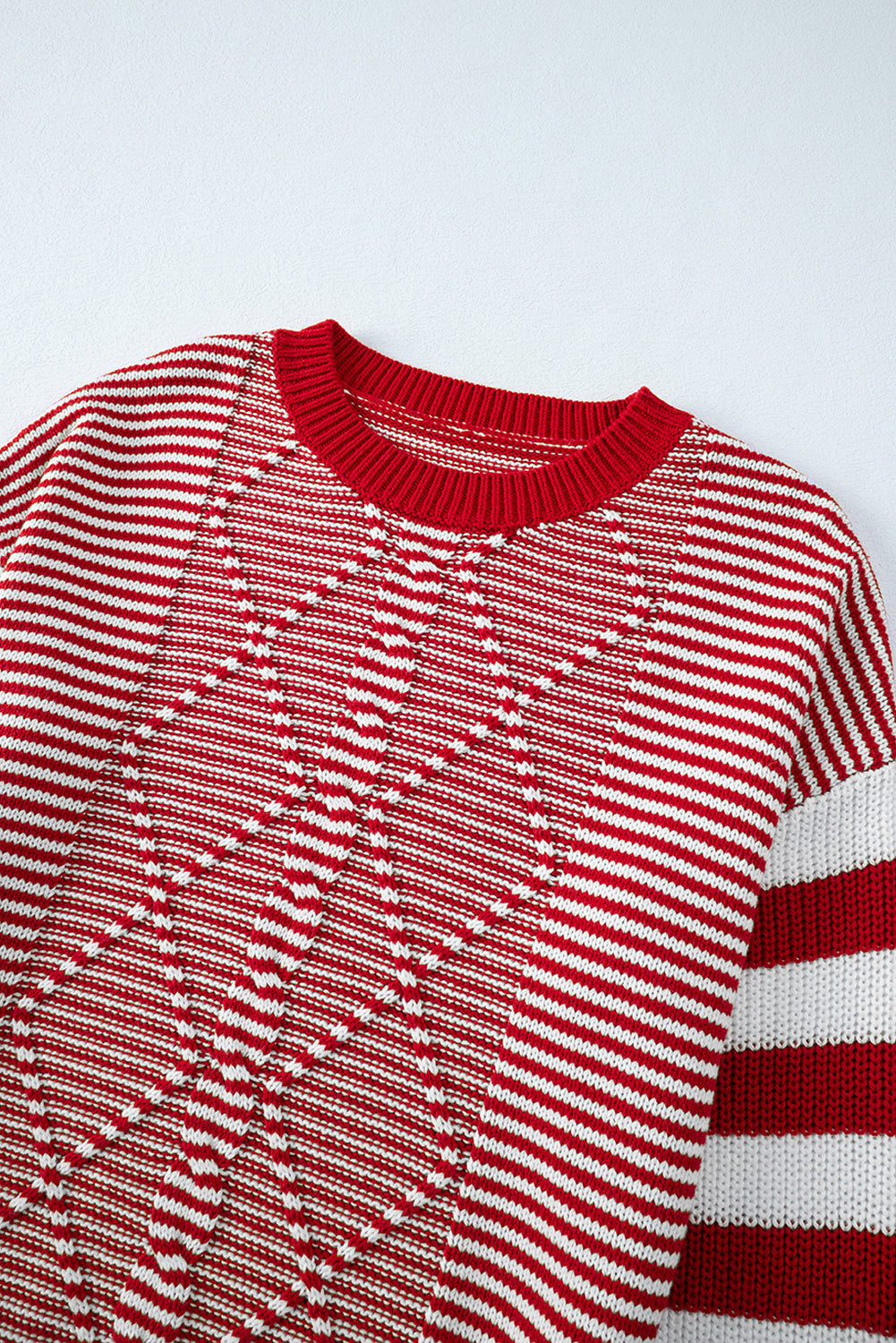 Red Stripe Geometric Textured Drop Shoulder Sweater eAura