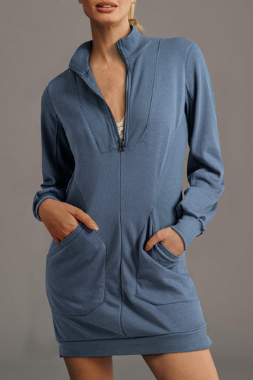 Zip-up Collared Ribbed Patchwork Sweatshirt Dress with Pockets - eAura