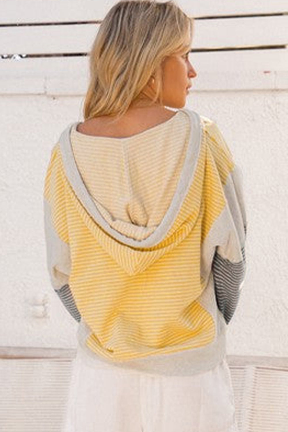 Yellow Stripe Drawstring V-Neck Loose Fit Hooded Top - eAura