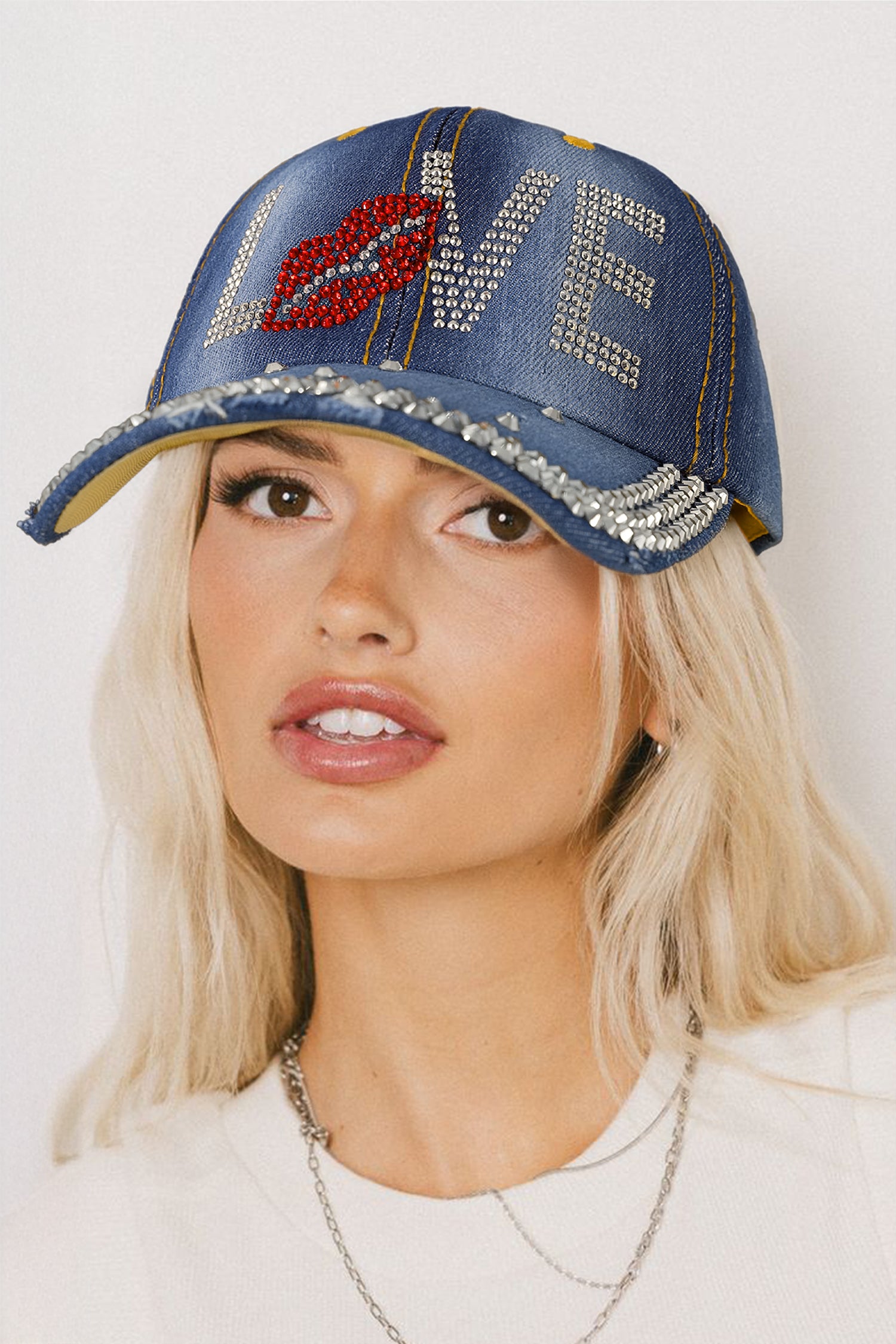 Blue Rhinestone Embellished LOVE Lip Denim Baseball Cap