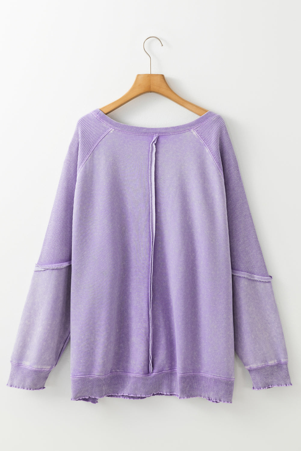 Orchid Petal Textured Patchwork Frilled Trim Plus Size Pullover Sweatshirt Beagle Boutique Fashion Outlet