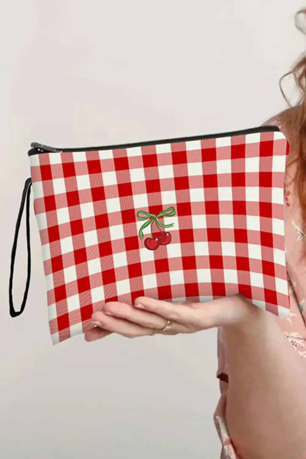 Cherry Plaid Print Wristlet Zipper Canvas Makeup Bag