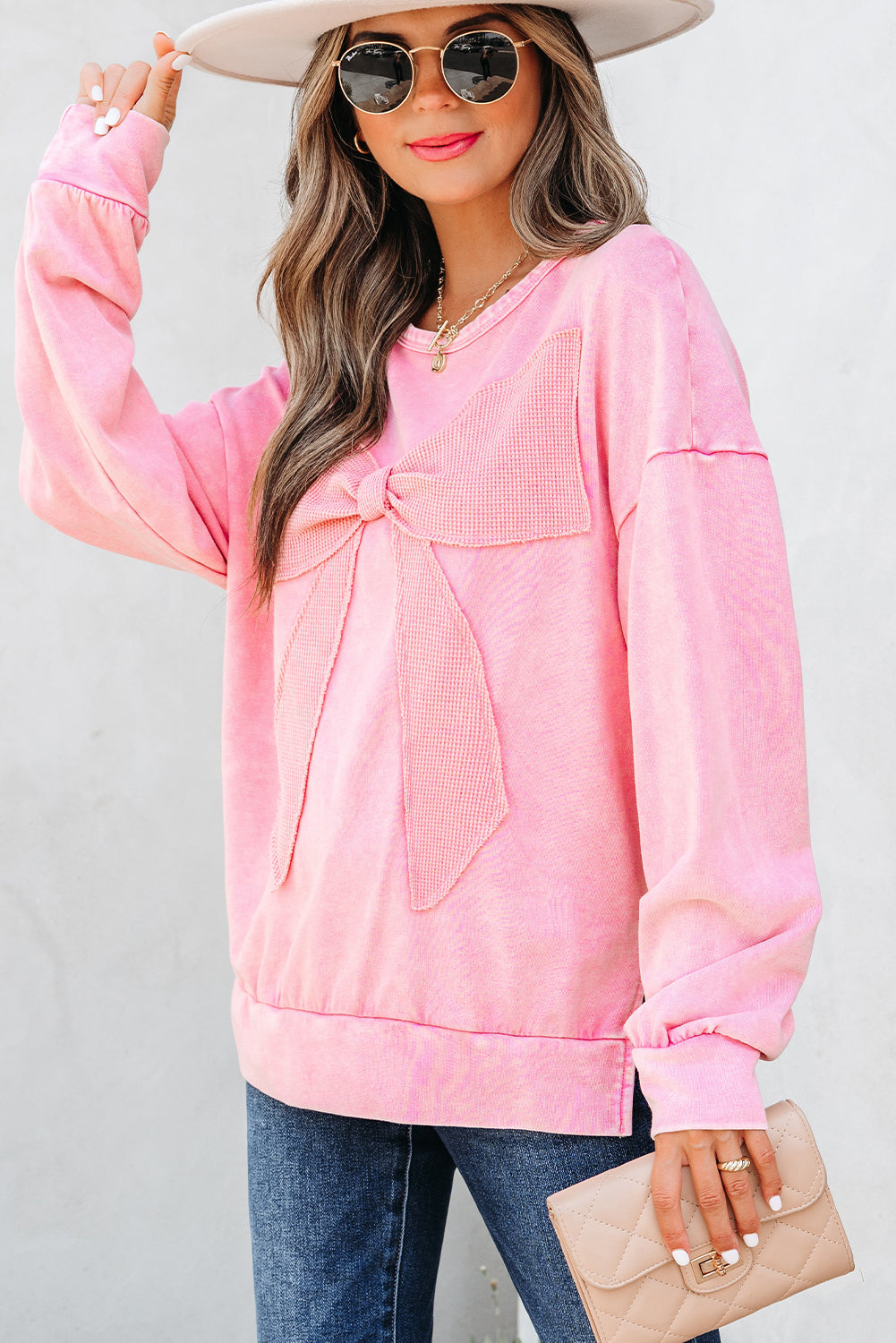 Mineral Wash Big Bow Patchwork Pullover Sweatshirt eAura