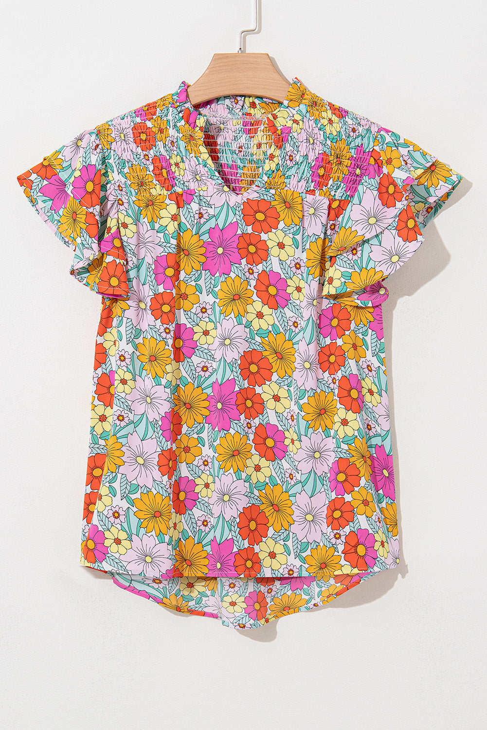Yellow Floral Print Shirred Tiered Ruffled Sleeve Blouse eAura