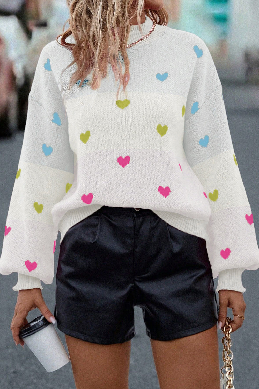 Heart Pattern Knit High Neck Baggy Sweater eAura