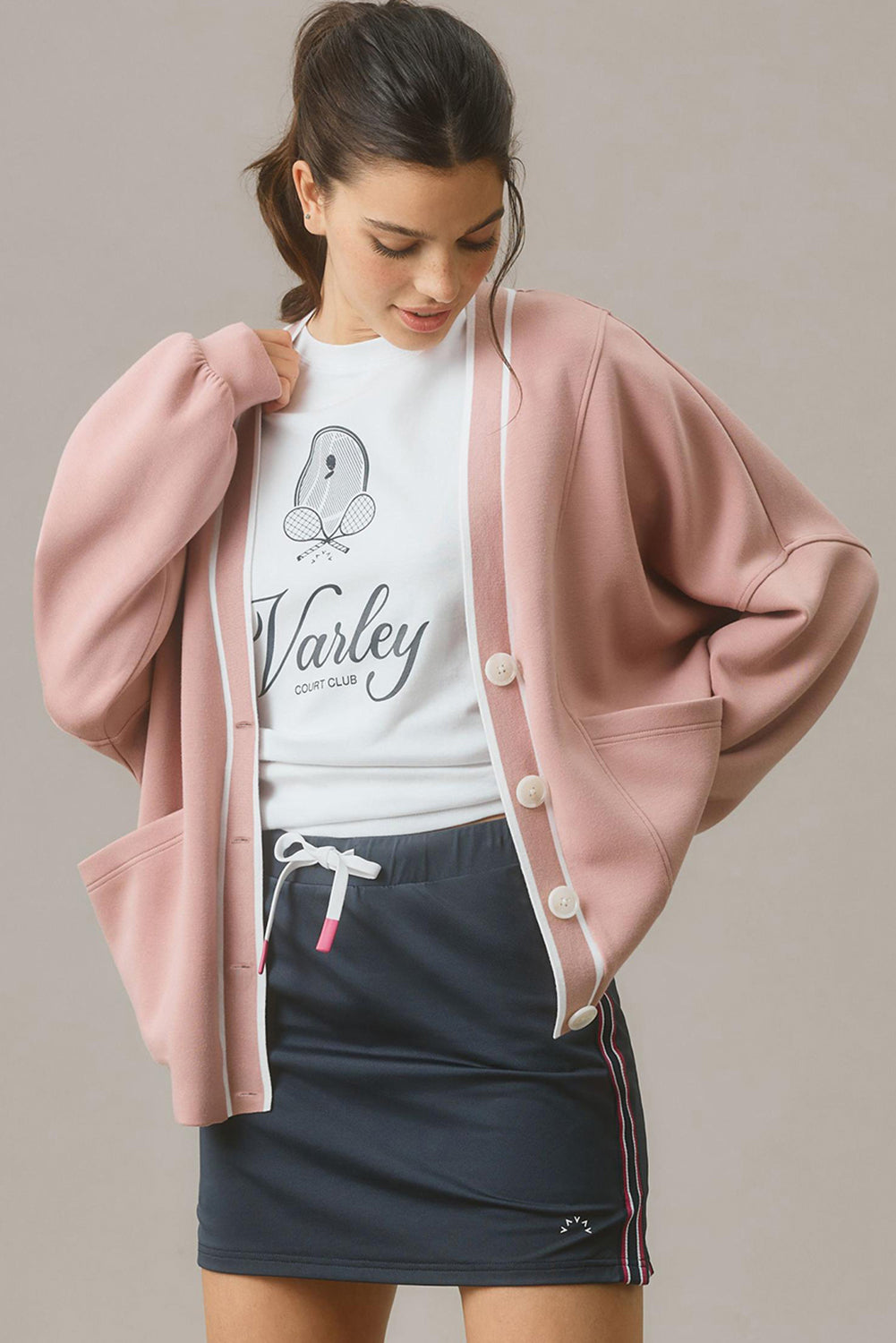 Pink Stripe Contrast Trim V Neck Buttoned Front Pocketed Knit Cardigan eAura