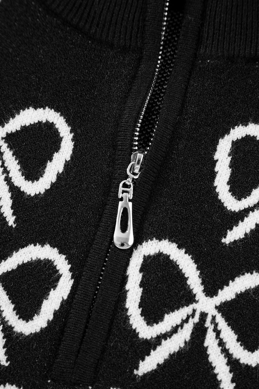 Bow Pattern Drop Shoulder Zipped Collar Sweater - eAura