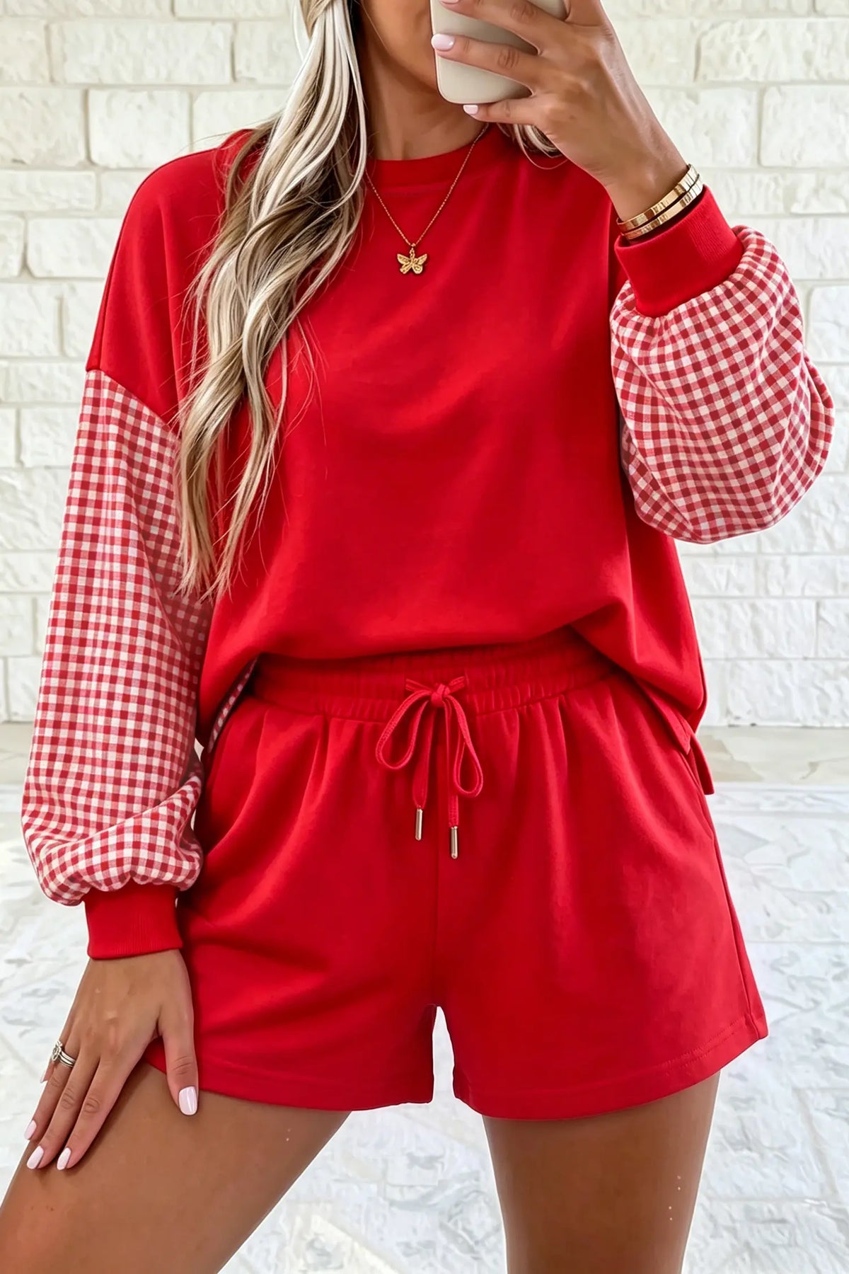 Plaid Patchwork Long Sleeve Top Solid Drawstring Shorts Set – Red