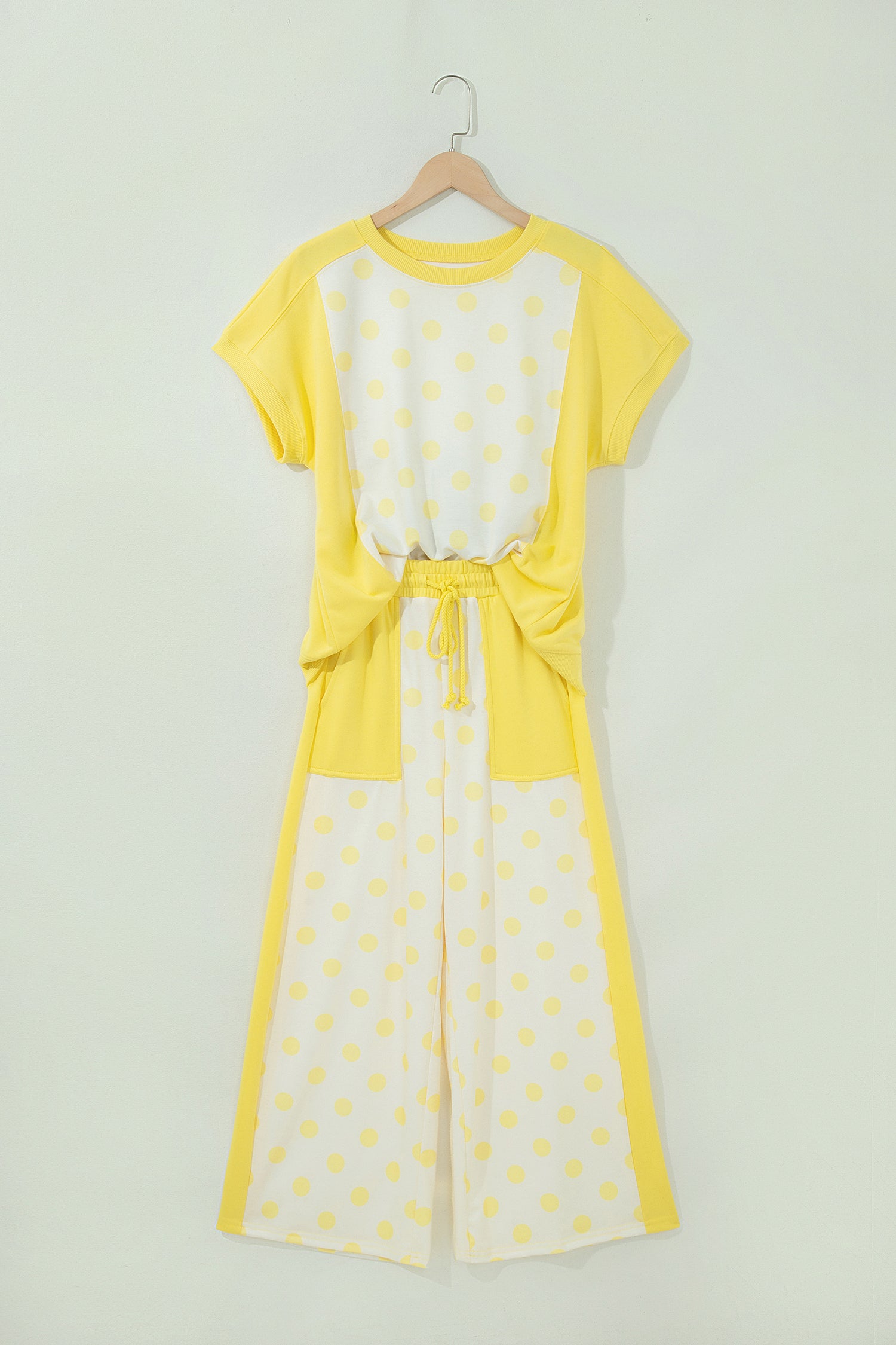Color Block Patchwork Polka Dot Wide Leg Pant Set – Yellow