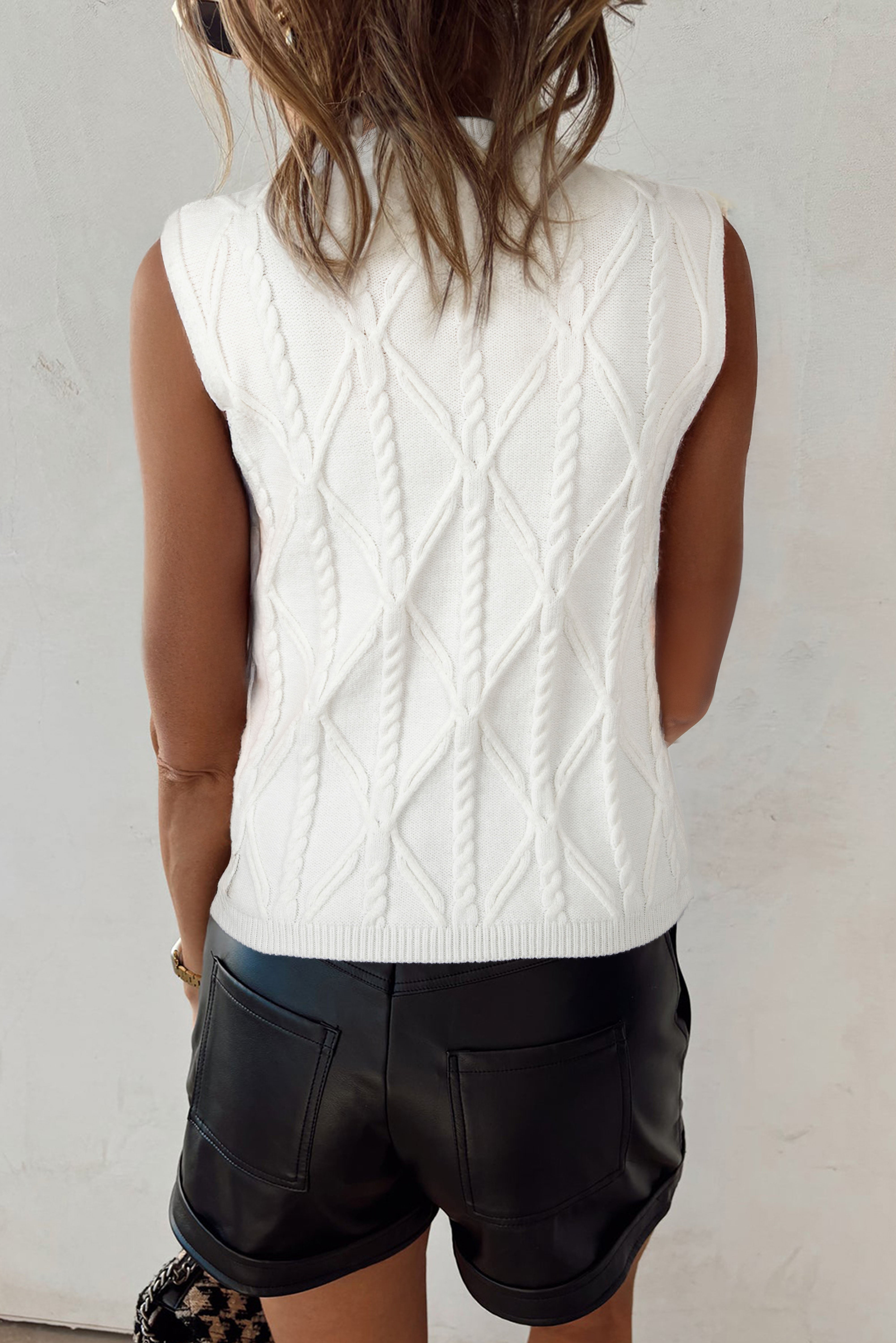 White Pearled High Neck Textured Knit Sweater Vest eAura