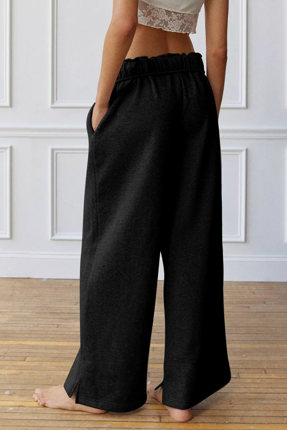 Black Elastic High Waist Drawstring Sweatpants Beagle Boutique Fashion Outlet