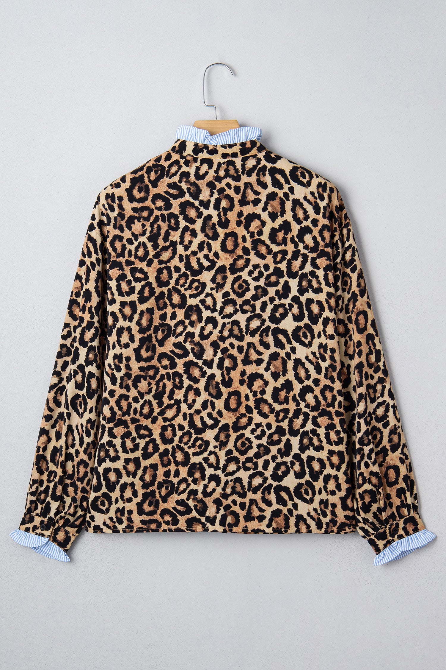 Leopard Print Contrast Striped Frilled Trim Chic Shirt - eAura