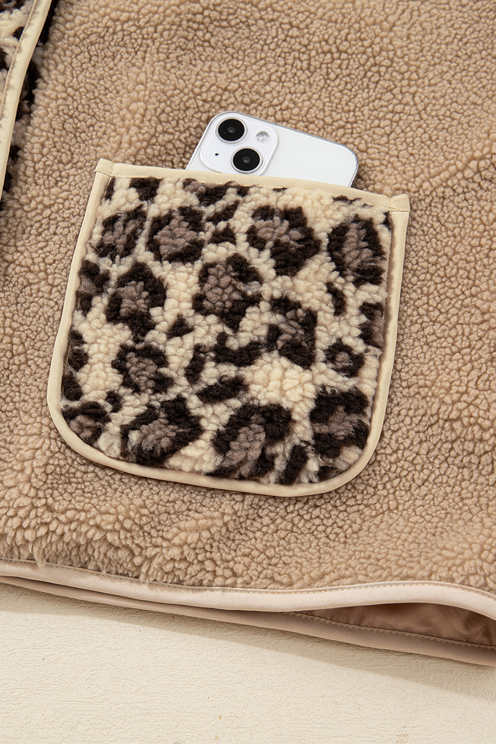 Casual Leopard Print Accent Plush Jacket with Pockets - eAura