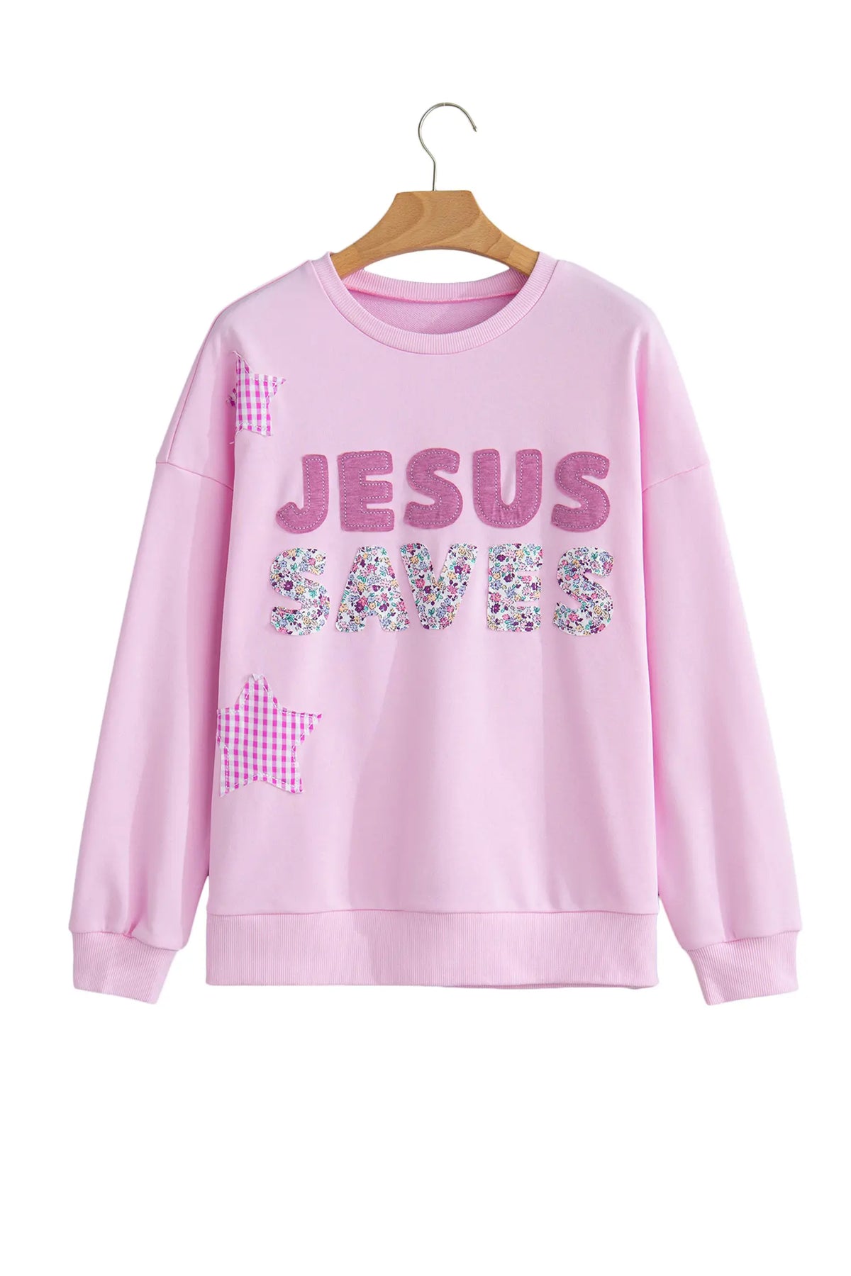 Plus Size Sweatshirt — JESUS SAVES Gingham Star Patchwork Detail