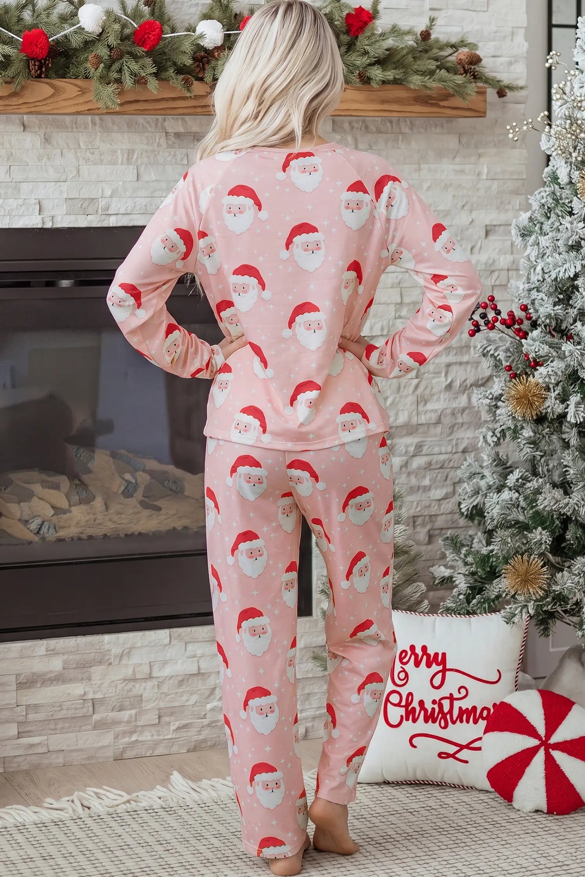 Long Sleeve Two-Piece Shift Lounge Set — Abstract Santa Pattern