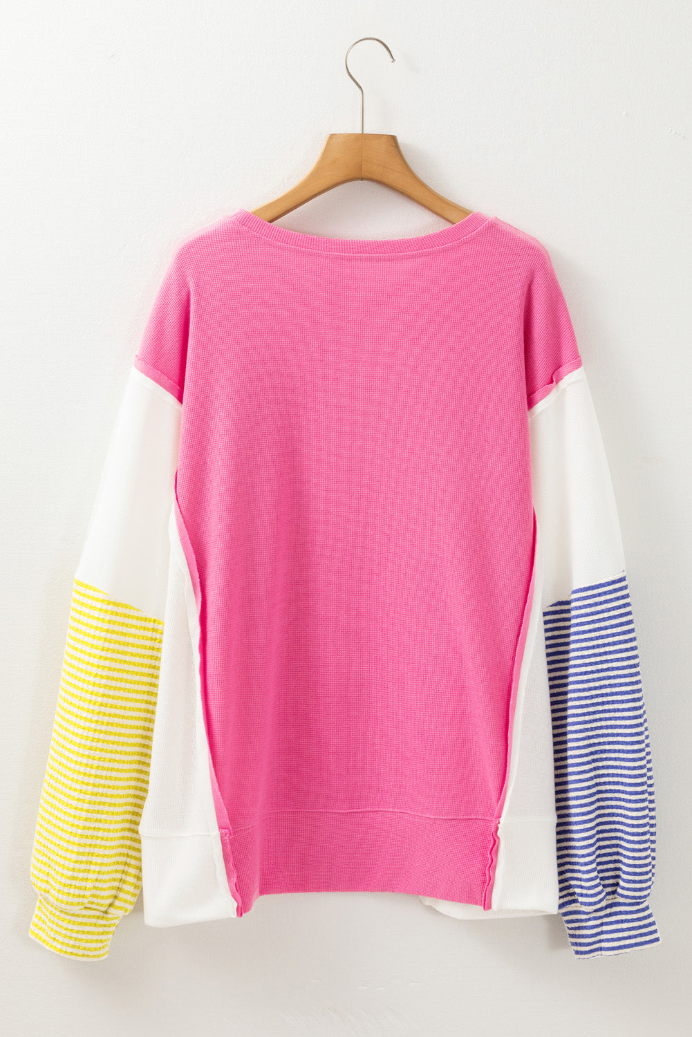 Rose Red Colourblock Patchwork Striped Puff Sleeve Plus Size Top with Slits BB Fashion Outlet
