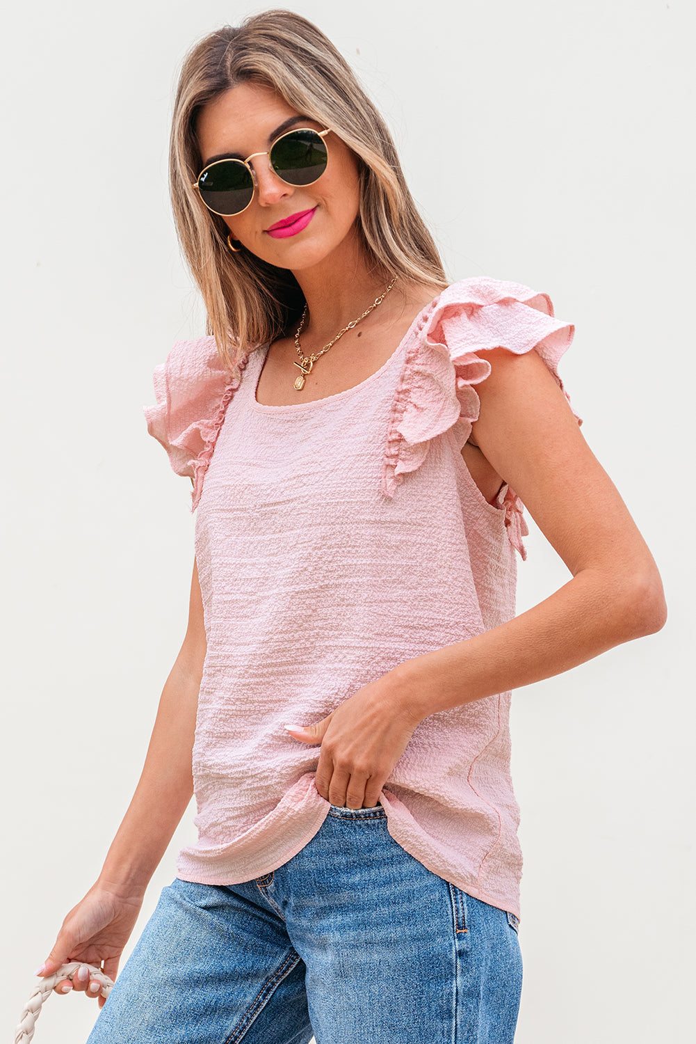 Gossamer Pink Textured Bow Knot Frilled Butterfly Sleeve Blouse eAura