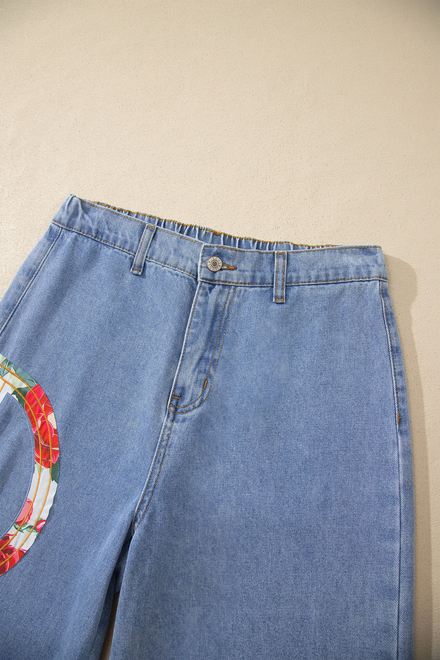 Floral Peace Sign Embroidered Patch Wide Leg Jeans