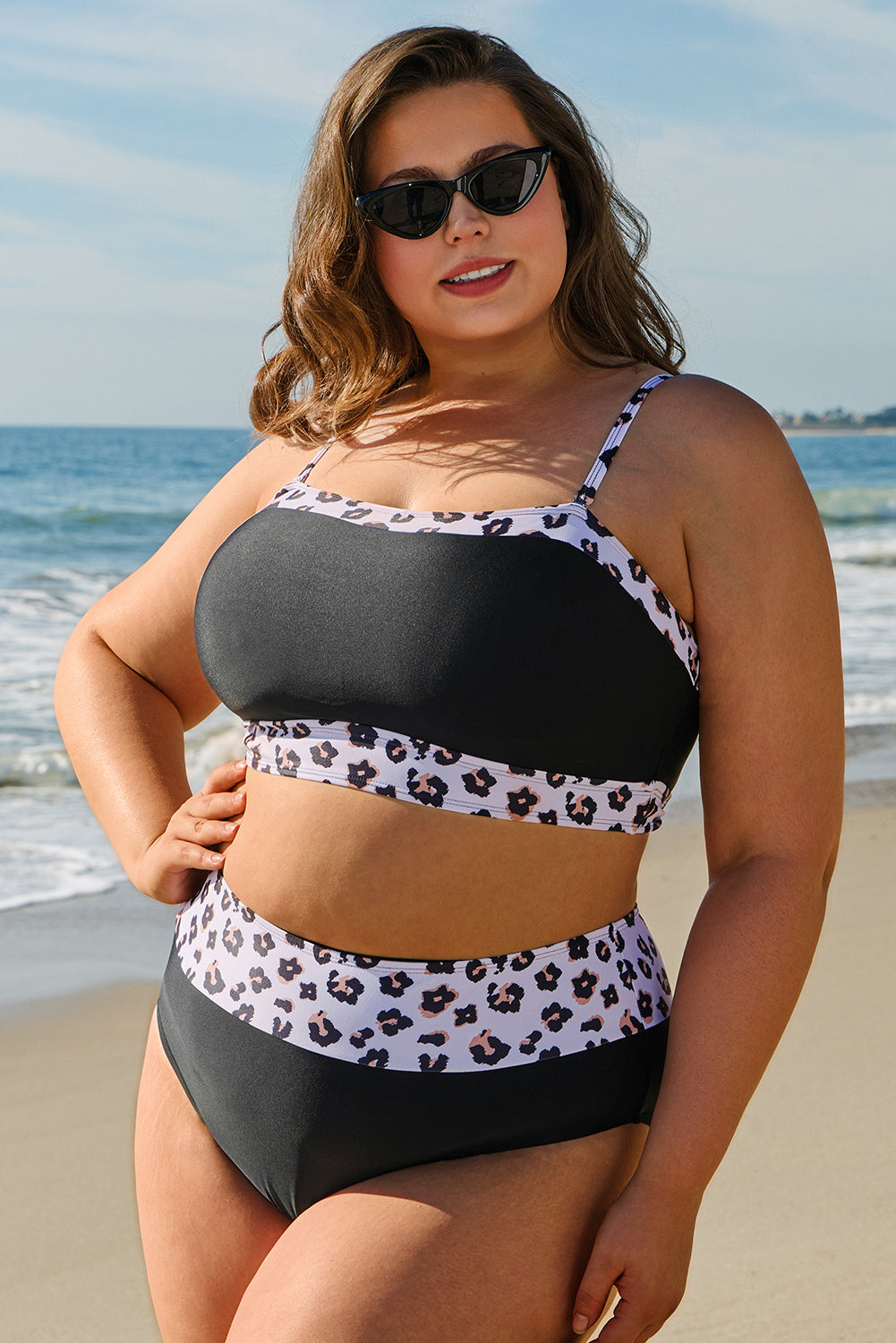 Black 2pcs Leopard Patchwork Plus Size High Waisted Swimsuit BB Fashion Outlet
