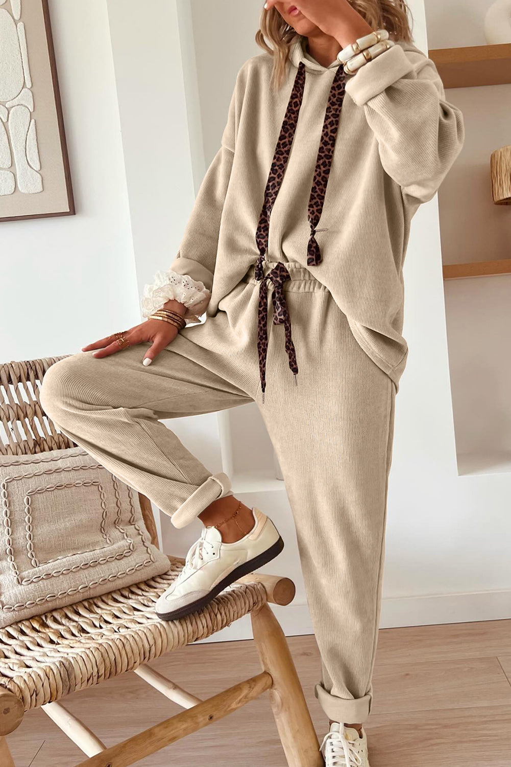 Pullover Hoodie and High Waist Bottoms Soft Cord Co-ord Set - eAura