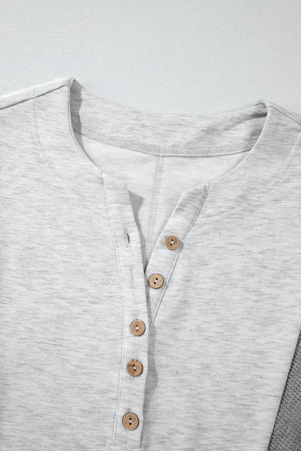 Light Grey Two Tone Contrast Waffle Knit Patched Buttoned V Neck Top eAura