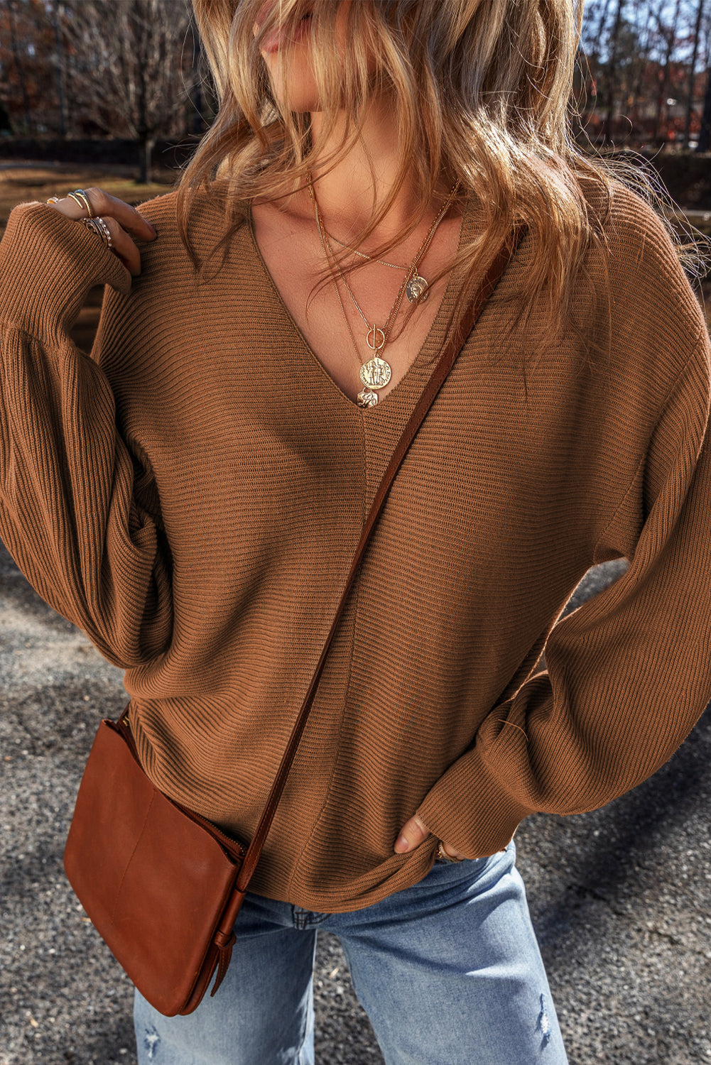 Camel Ribbed Knit Drop Sleeve V Neck Loose Fit Sweater eAura