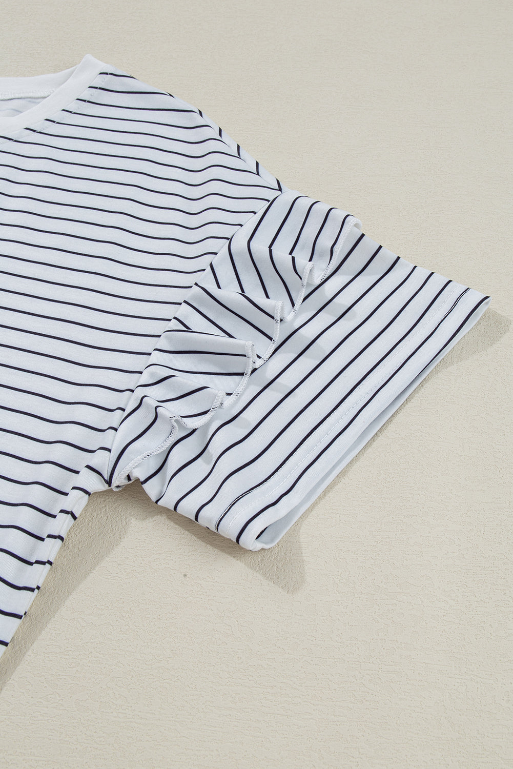 White Stripe Ruffled Short Sleeve Crew Neck T Shirt Shift Mini Dress eAura