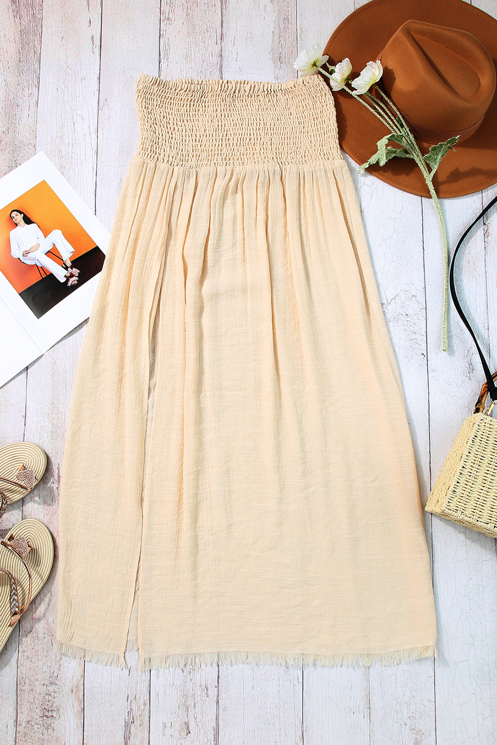 Pale Khaki Shirred High Waist Split Maxi Beach Skirt
