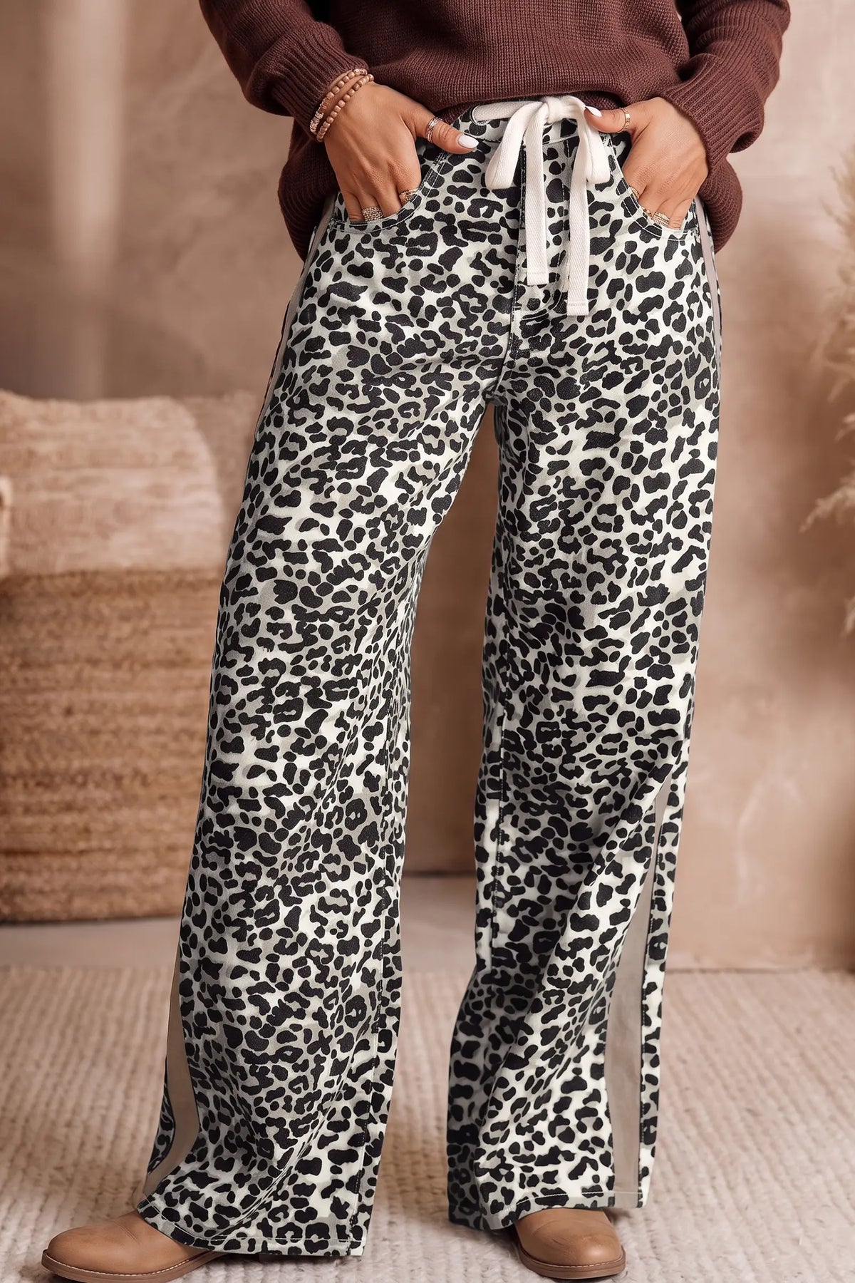 Leopard Print Drawstring Waist Straight Leg Jeans – Khaki