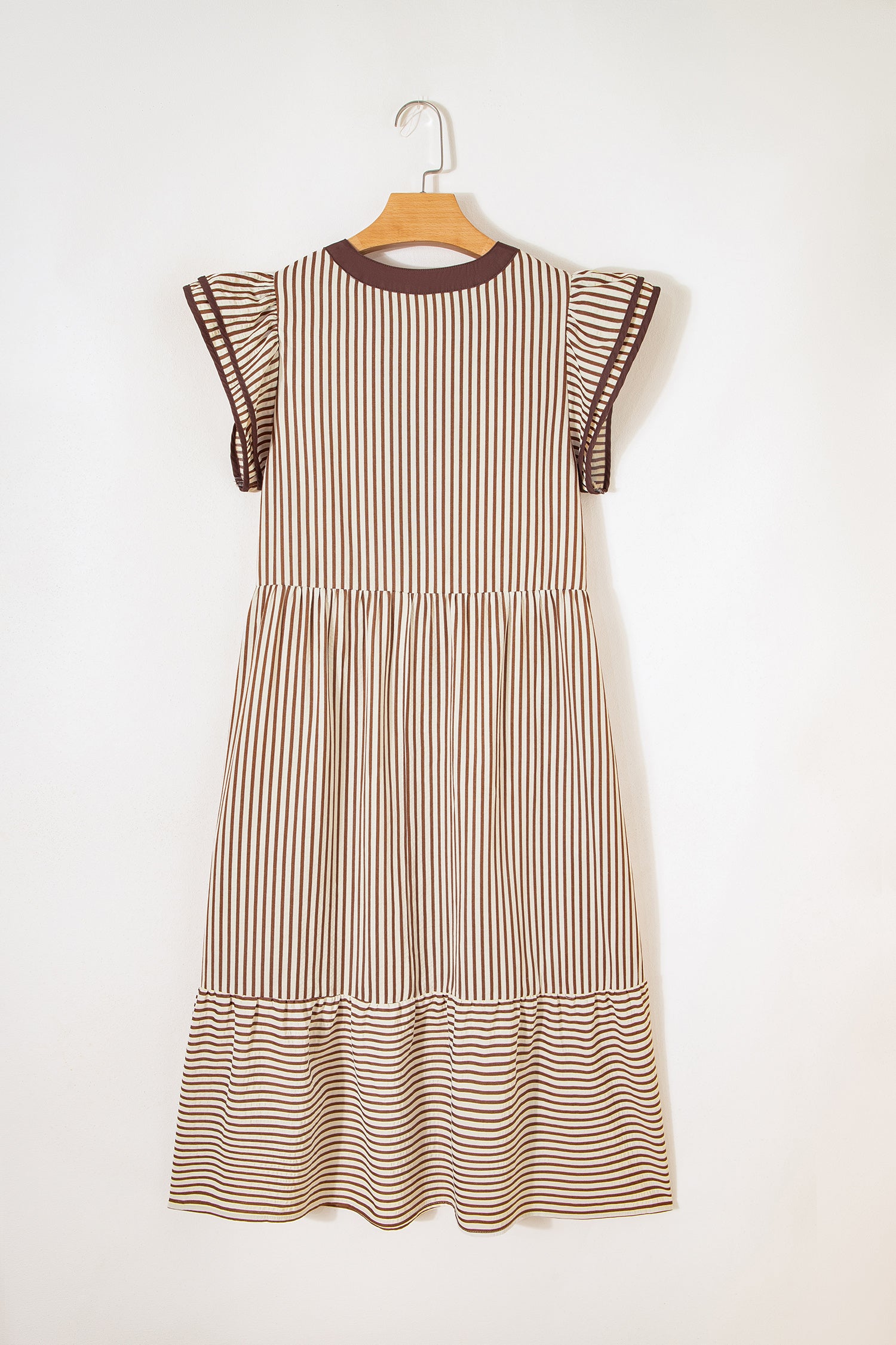 Striped Double Ruffled Short Sleeve Contrast Trim V-Neck Midi Dress